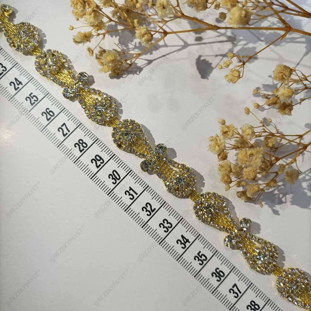 Aplikasi Payet Meteran Kristal Kaca Original Gold untuk Baju Pesta Kebaya Gaun Mewah Per Yard