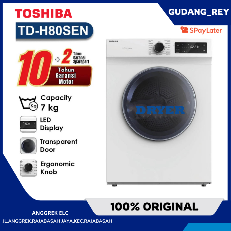 DRYER TOSHIBA KAPASITAS 7 KG TDH80SEN / TD-H80SEN MESIN PENGERING PAKAIAN GARANSI RESMI