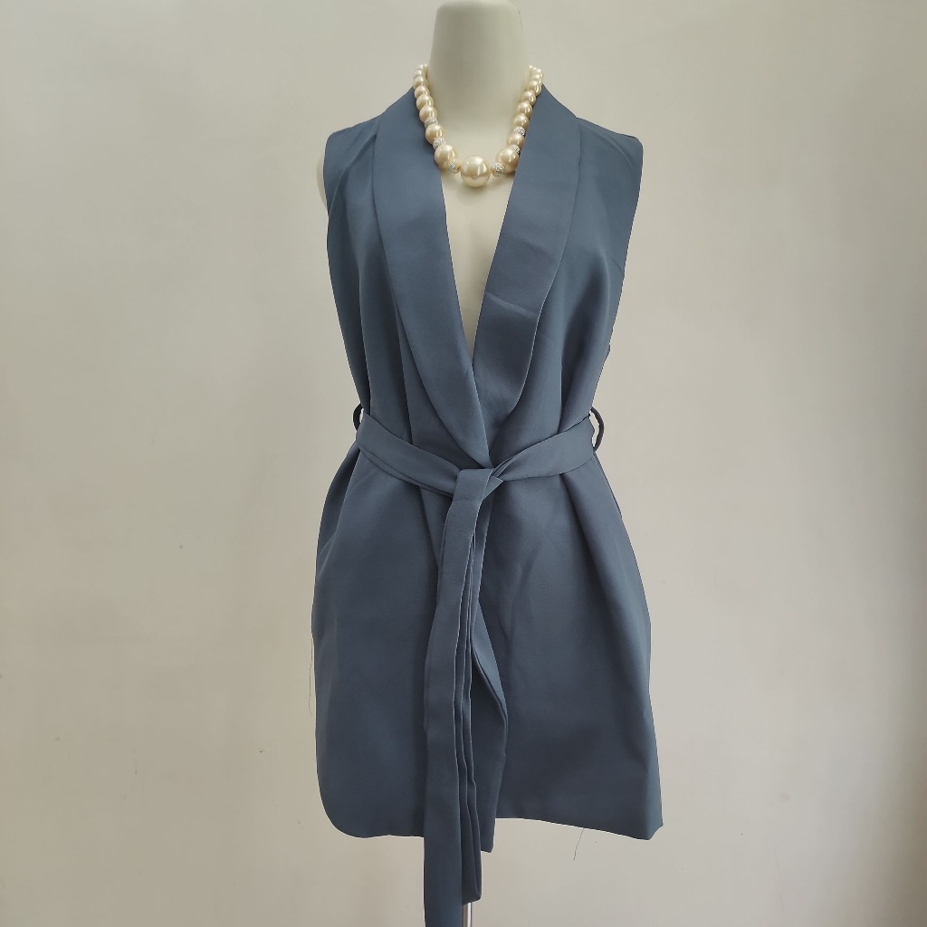 Yudan Outerwear Rompi Blazer Wanita Elegant Greyish Blue Vest Belted Office (AVCBB043)