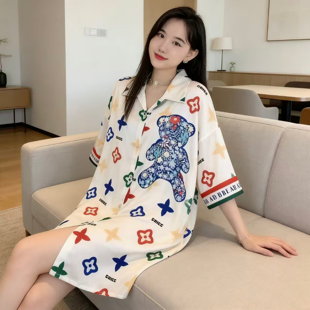 Dress tidur korea style plus size sexy lucu kartun piyama dress kemeja wanita jumbo