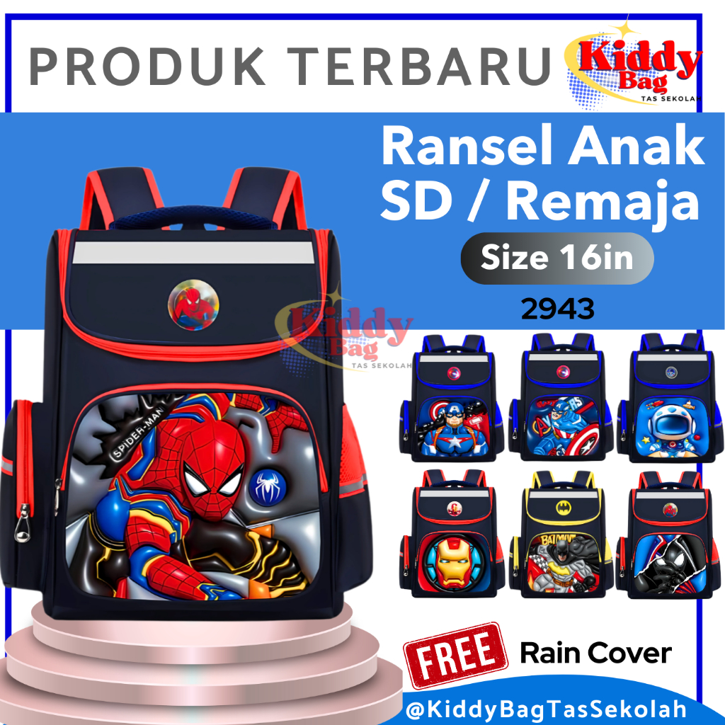 Kiddy Bag Tas Sekolah Anak SD Laki-Laki Size 16 Inch Ransel Anak Karakter Spiderman Avengers Batman 