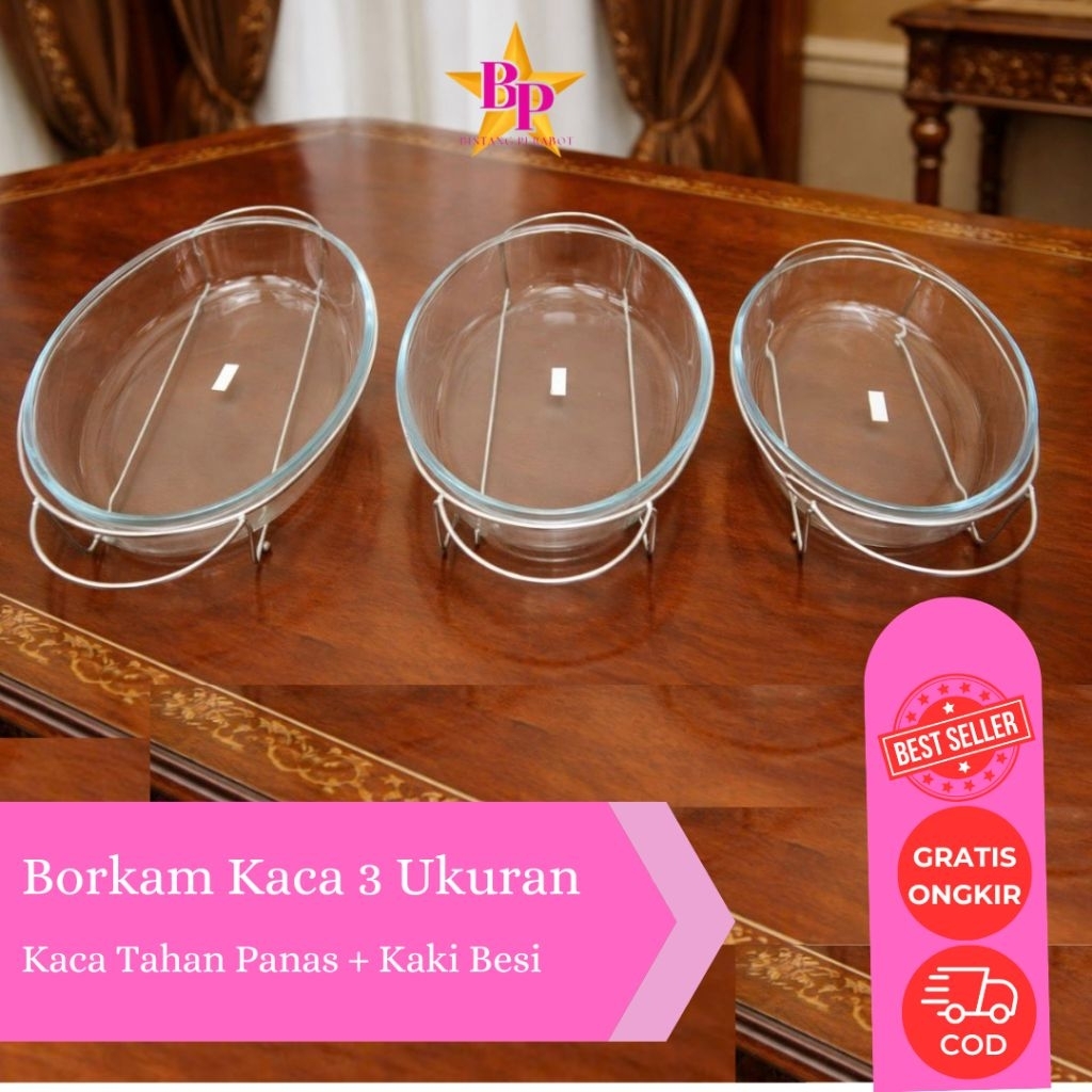 Borkam Oval 3Pcs Beda Ukuran Borkam Kaca Tebal Anti Panas Kaki Besi Piring Kaca/ Prasmanan Pesta Aca