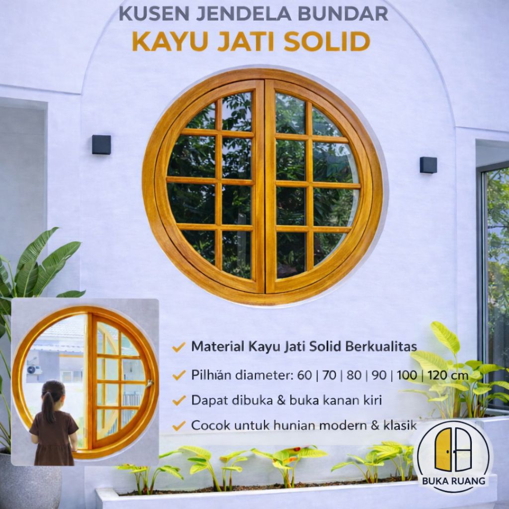 Jendela Bulat Jati Buka Kanan Kiri, Diameter 60cm sampai 120cm / kusen jendela kayu model baru / kus