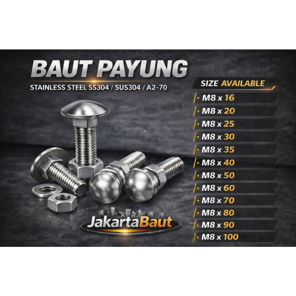 Baut CB M8X60 / Baut Bemper 8X60 / Carriage Bolt M8 X 60 / Baut Payung 8 X 60 / Baut Pagar M8X60 Sta