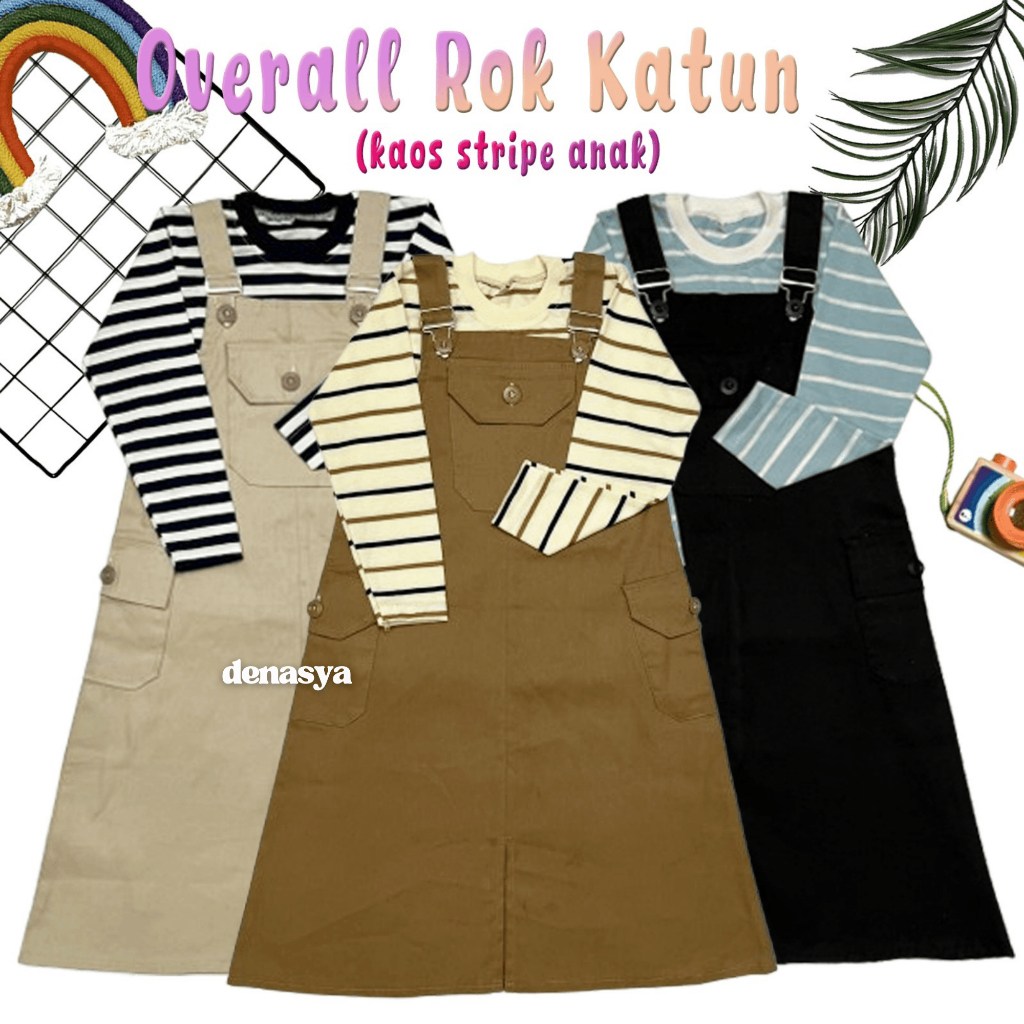 SETELAN OVERALL ANAK KEKINIAN / JUMPSUIT ROK KATUN ANAK / OVERALL ROK PANJANG CARGO TERBARU / KAOS S