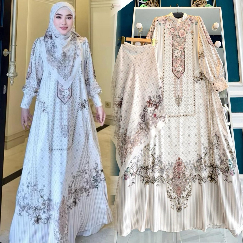 SHELLASAUKIA GAMIS DRESS SILK HITAM PUTIH SET HIJAB ORI BY SHELLASAUKIA