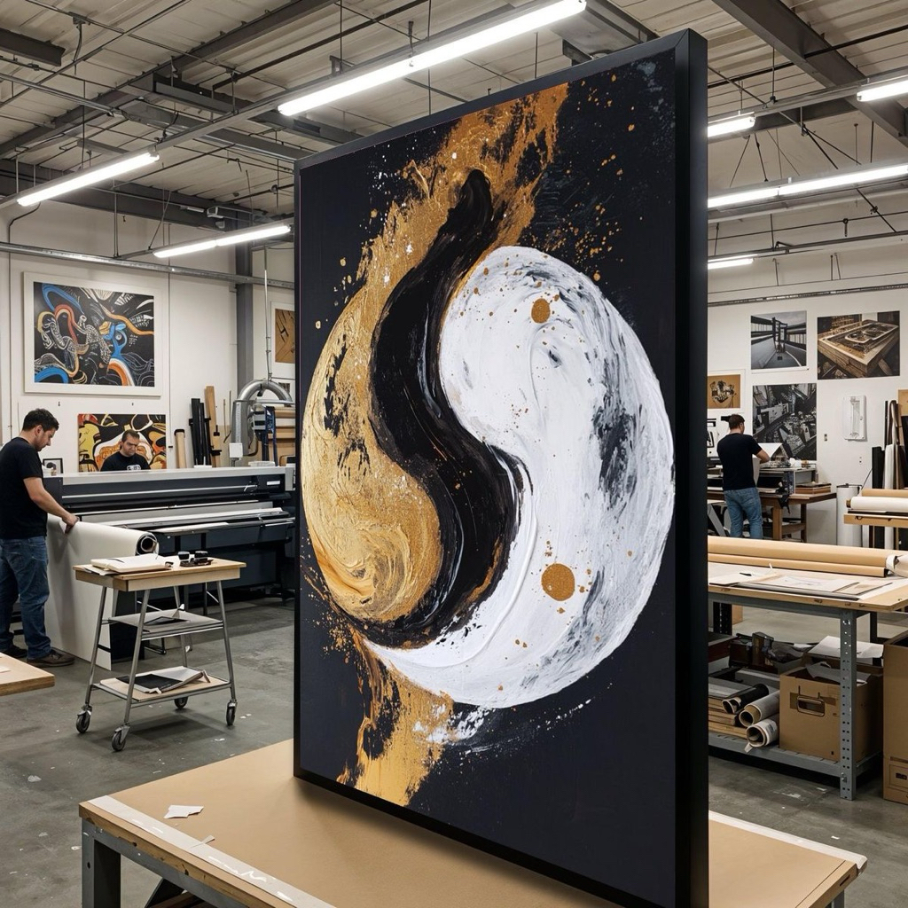 MASTER CANVAS - Poster Kanvas Yin Yang Zen Abstract Gold White - Dekorasi Dinding Mewah Bahan Kanvas