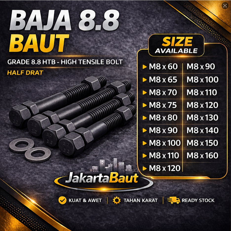 Baja 8.8 Baut M8X80 / Baut 8X80 / M8 X 80 / 8 X 80  Grade 8.8 HTB - High Tensile Bolt Half Drat