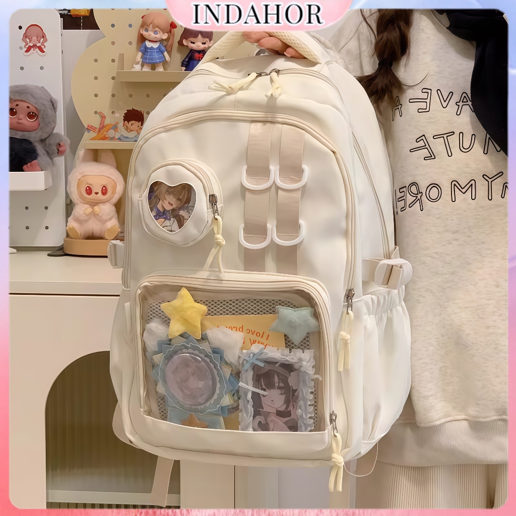 INDAHOR Tas Sekolah Jepang Transparan Tas Ransel Wanita Kapasitas Besar Tas Ransel Korea Import Fash