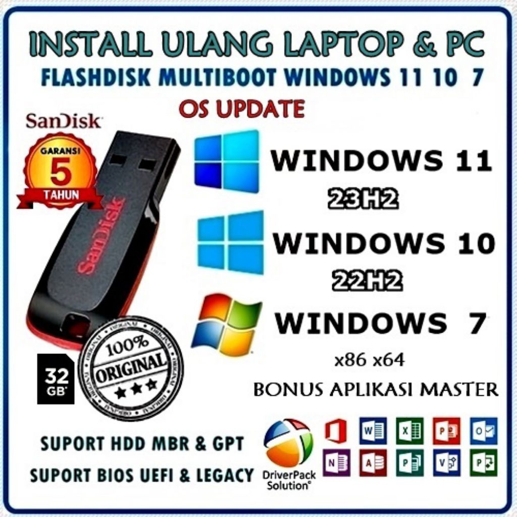 Flashdisk Sandisk Original 32GB MultiBootable Windows 7 10 11