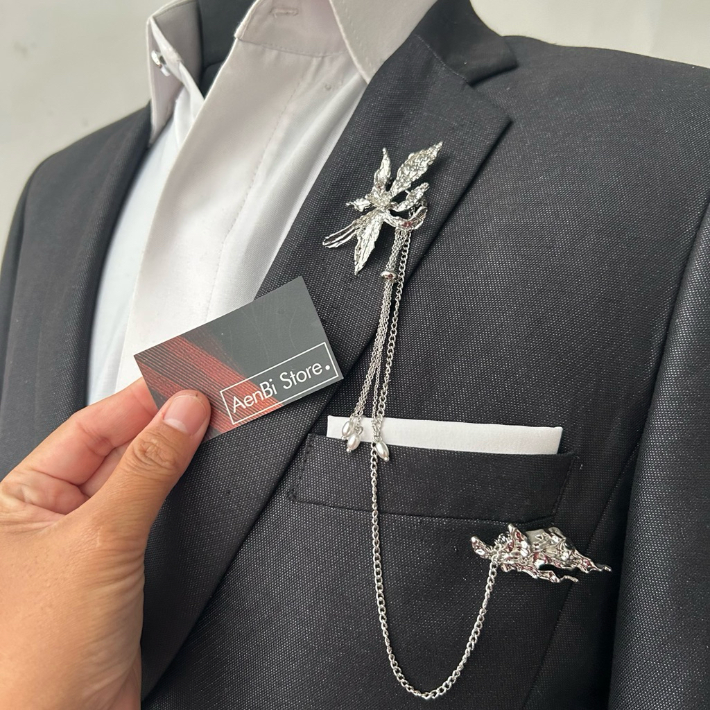 Lapel pin rantai / bros rantai jas / blazer / kebaya / beskap - Anggrek Silver Rantai
