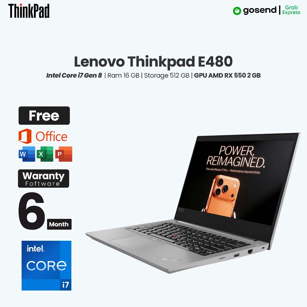 Laptop Lenovo Thinkpad E480 Intel Core i7 Gen 8 Ram 16 GB SSD 512 GB GPU AMD RX 550 2 GB layar 14 In