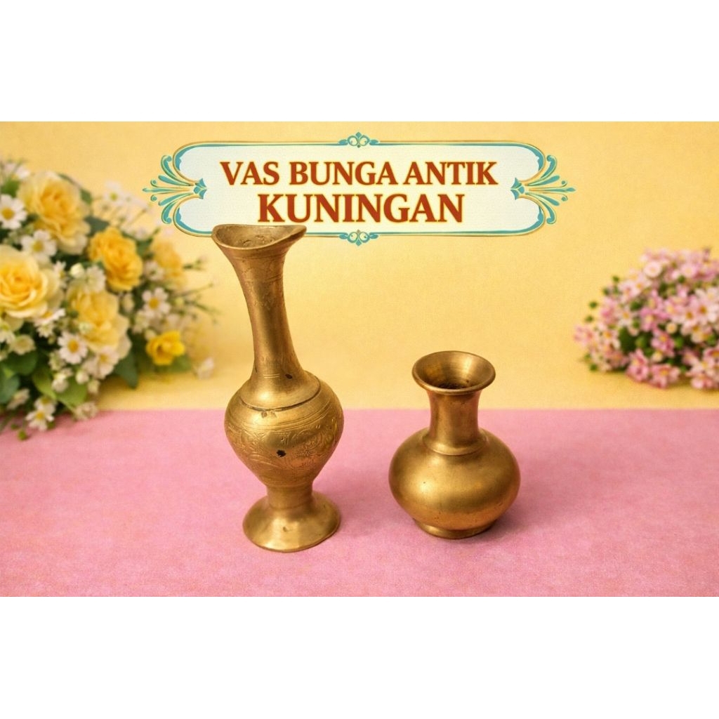 (2 BIJI=PANJANG +PENDEK)VAS BUNGA ANTIK KUNINGAN