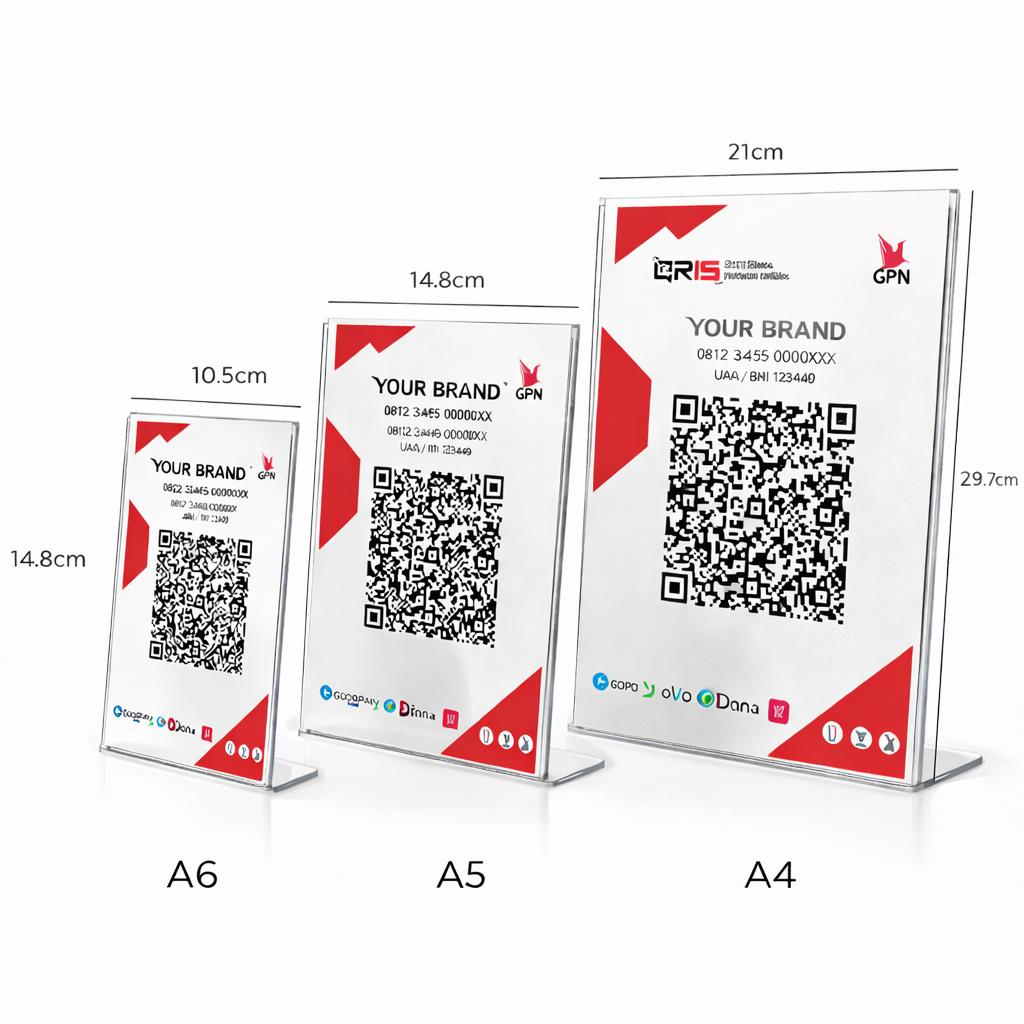 Stand QRIS Akrilik A6 A5 A4 Dudukan QR Code 2mm Pembayaran QRIS Meja Kasir Acrylic Stand QRIS