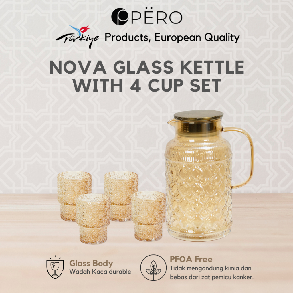 Pero Nova Glass Kettle With Cup Set of 4 / Ketel Kaca Besar Ukuran 1400ML set Gelas Kaca 250ML