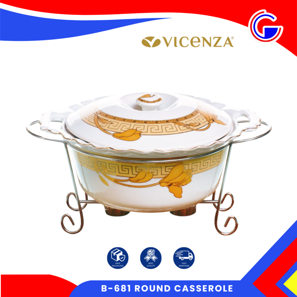 Vicenza Lily Set Prasmanan Keramik - Wadah Saji Dengan Tutup Rak Besi Emas - Round Casserole Ceramic