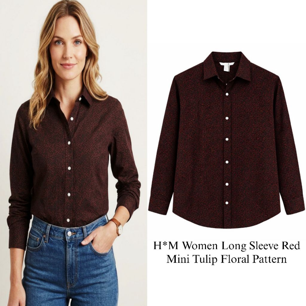 H*M Women Long Sleeve Red Mini Tulip Floral Shirt/Kemeja Wanita Branded Fulltag/Kemeja Wanita Terbar