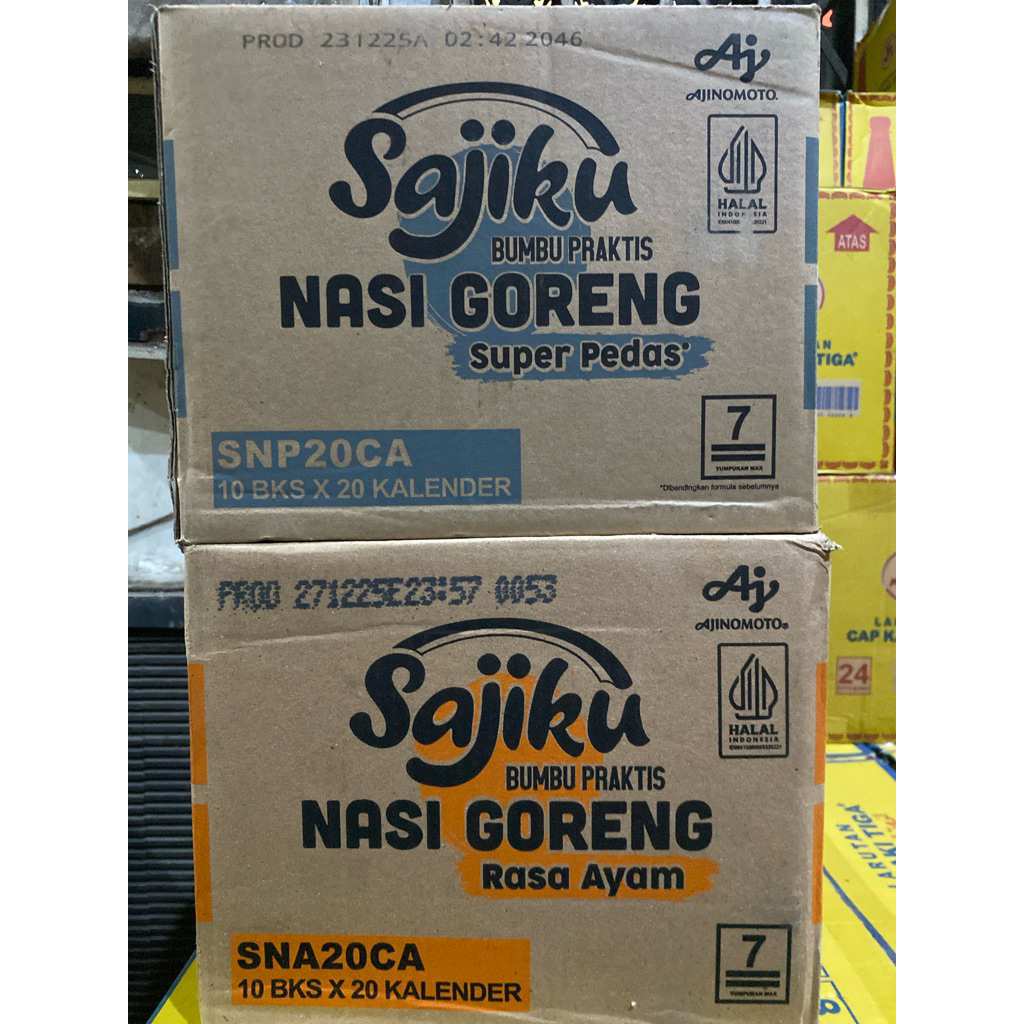 SAJIKU NASI GORENG RASA AYAM, SUPER PEDAS 1 DUS ISI 10 bks x 20 kalender (HARGA TERMURAH)