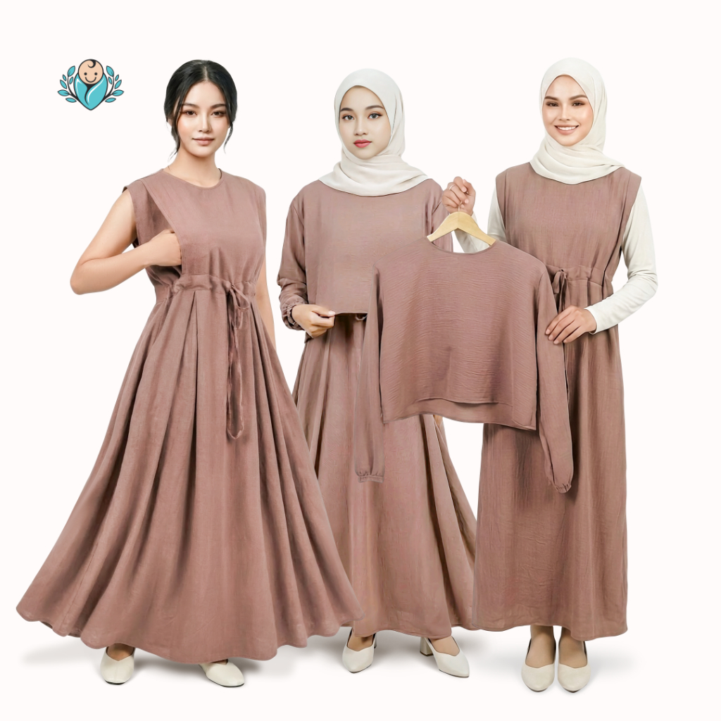 BAYIKU.ID Sora Dress Baju Menyusui 2in1 Inner + Outer Crop Model Gamis Baju Hamil Setelan Bukaan Sam