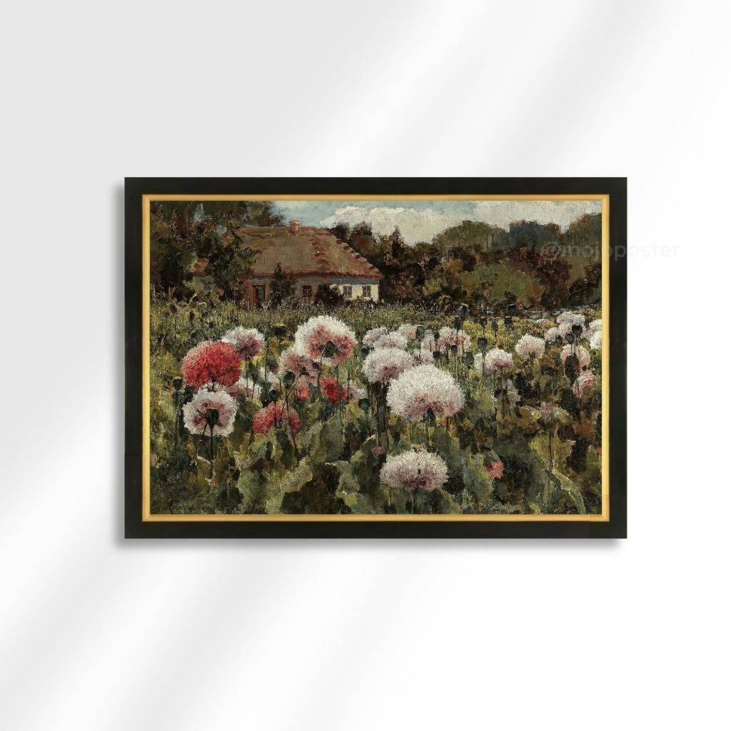 Hiasan Dinding Lukisan Cetak Taman Bunga Plus Bingkai Kayu Hitam Gold 45x65 cm