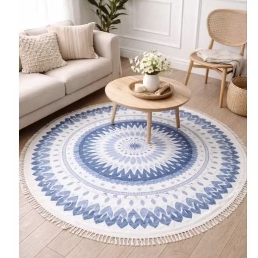 alas lantai , ambal Mandala biru ,ambal vintage taplak meja bulat alas lantai