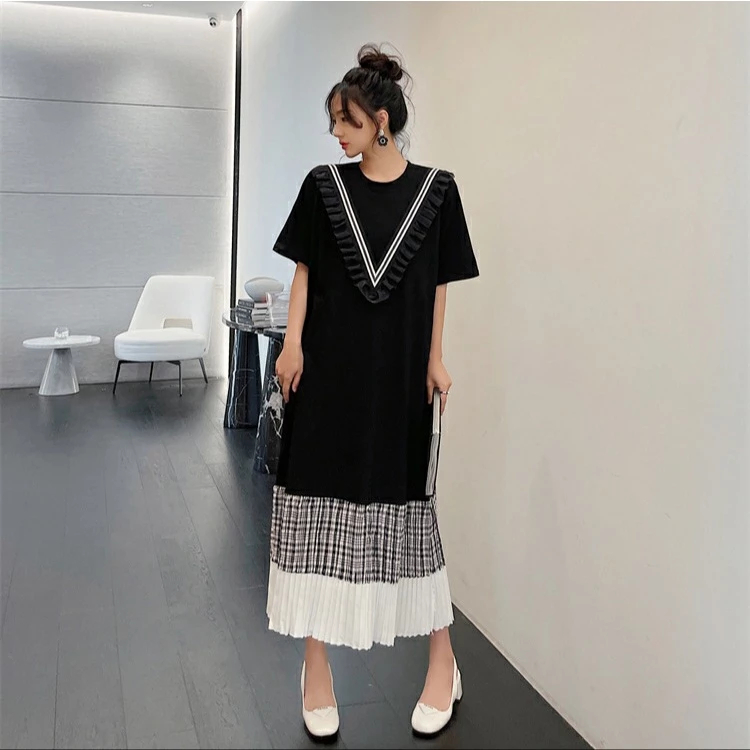 Dress Wanita Korea Midi Hitam Layer Rok Plisket Kotak Import – Dress Casual Longgar Fashion Wanita K