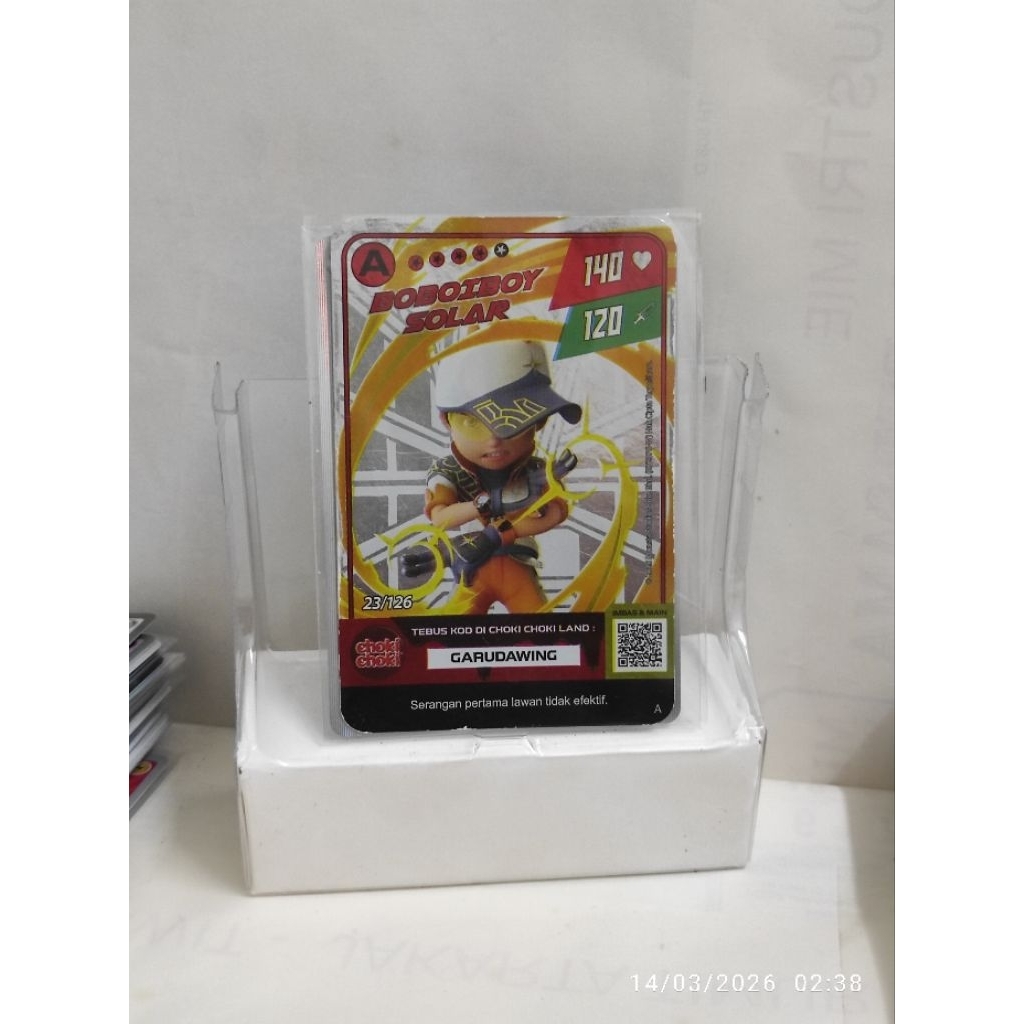 BoBoiBoy Solar dari promosi Choki Choki Monsta Galaxy Card. 
Nama Karakter: BoBoiBoy Solar

Kekuatan