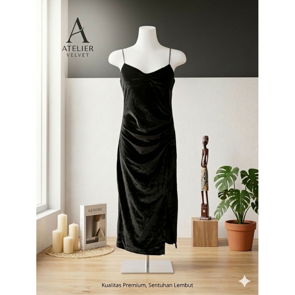 Gaun Pesta ala korea hitam Elegant Bodycon Belah Samping Sexy Slit - Korean Style Velvet Party Dress