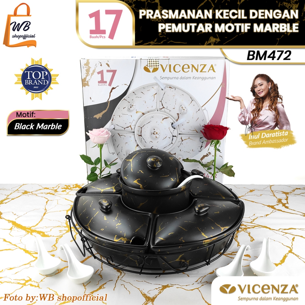 VICENZA 17pcs prasmanan set bulat motif Black marble / wadah saji putar keramik lengkap + sendok / c