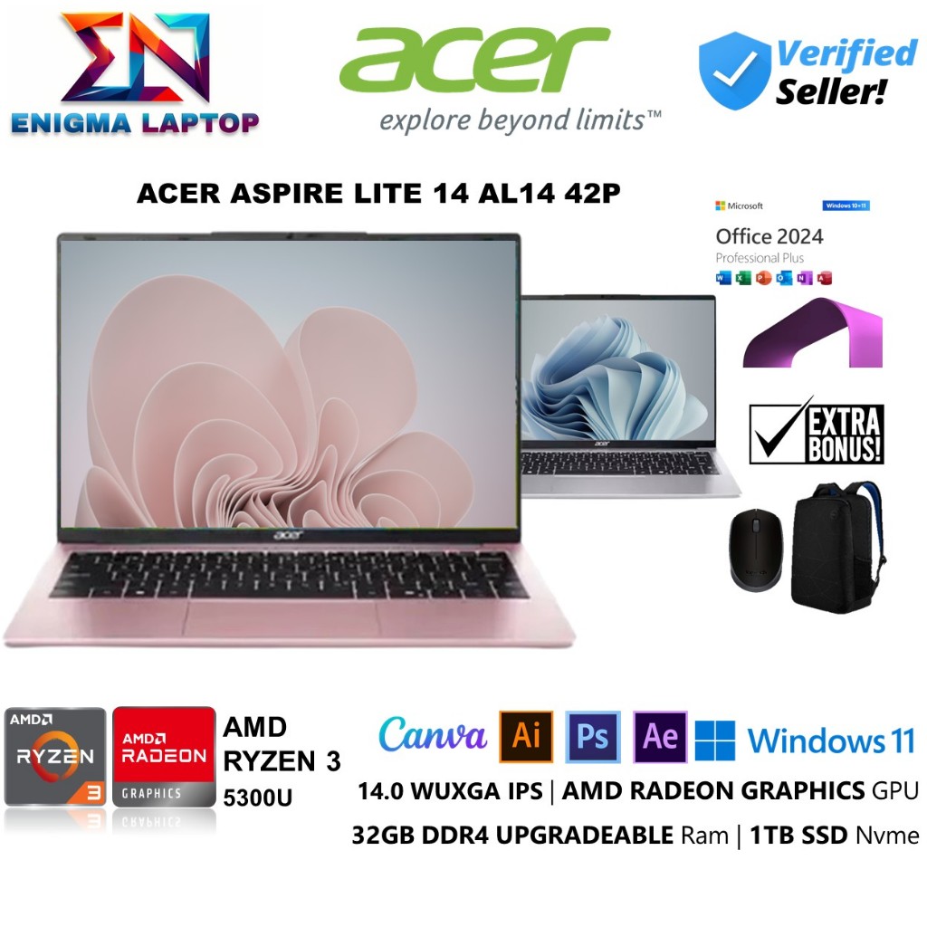 ACER Aspire Lite AL14-42P Ryzen 3 5300U 32GB 1TB SSD 14" WUXGA IPS Windows 11+OHS
