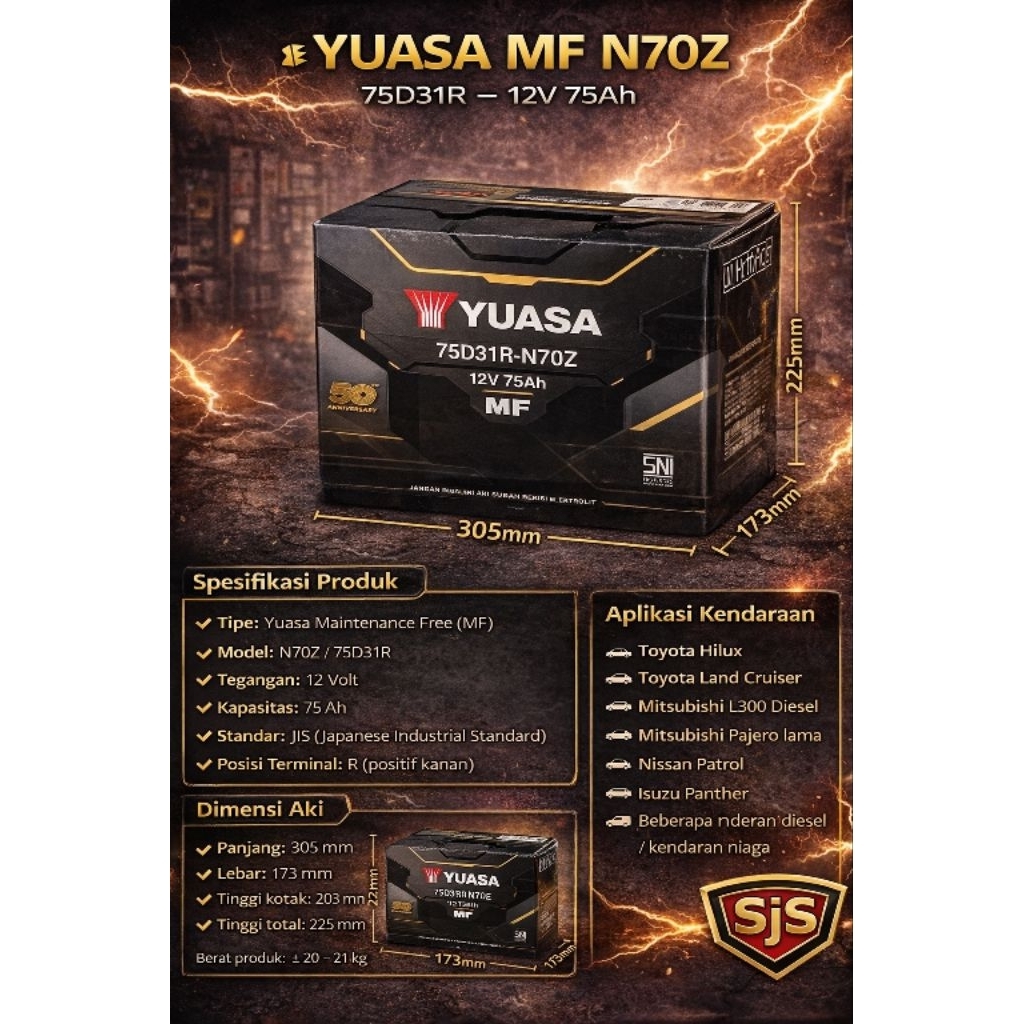 Aki Yuasa MF N70Z 12v 75ah kering