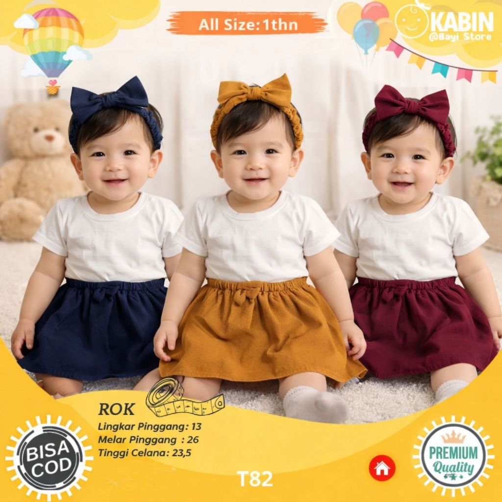 Rok Bayi Perempuan + Bandana | Rok Anak Lucu 1 Tahun | Rok Bayi Premium