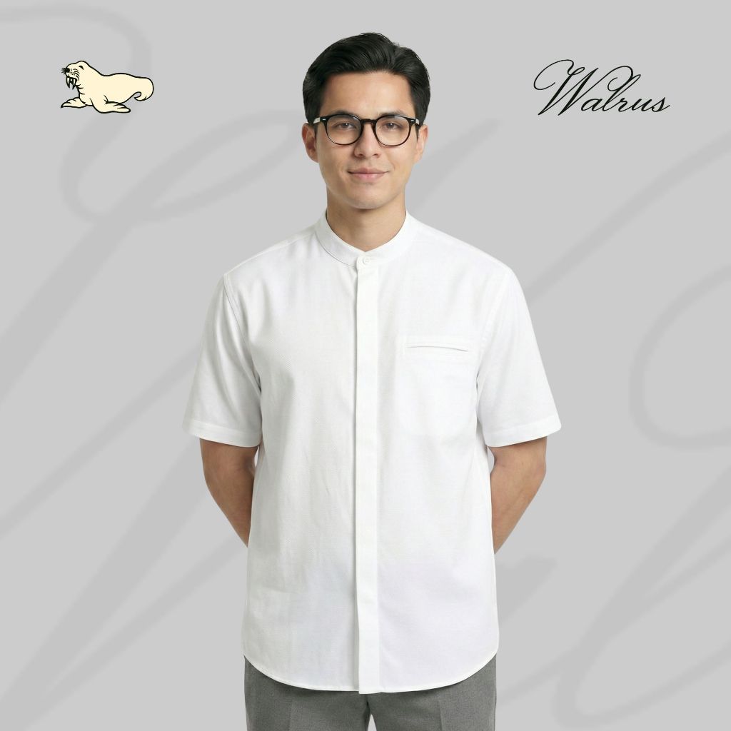 WALRUS Azka Series Baju Koko Pria Lengan Pendek Kemeja Muslim Mandarin Collar Putih XA2234P