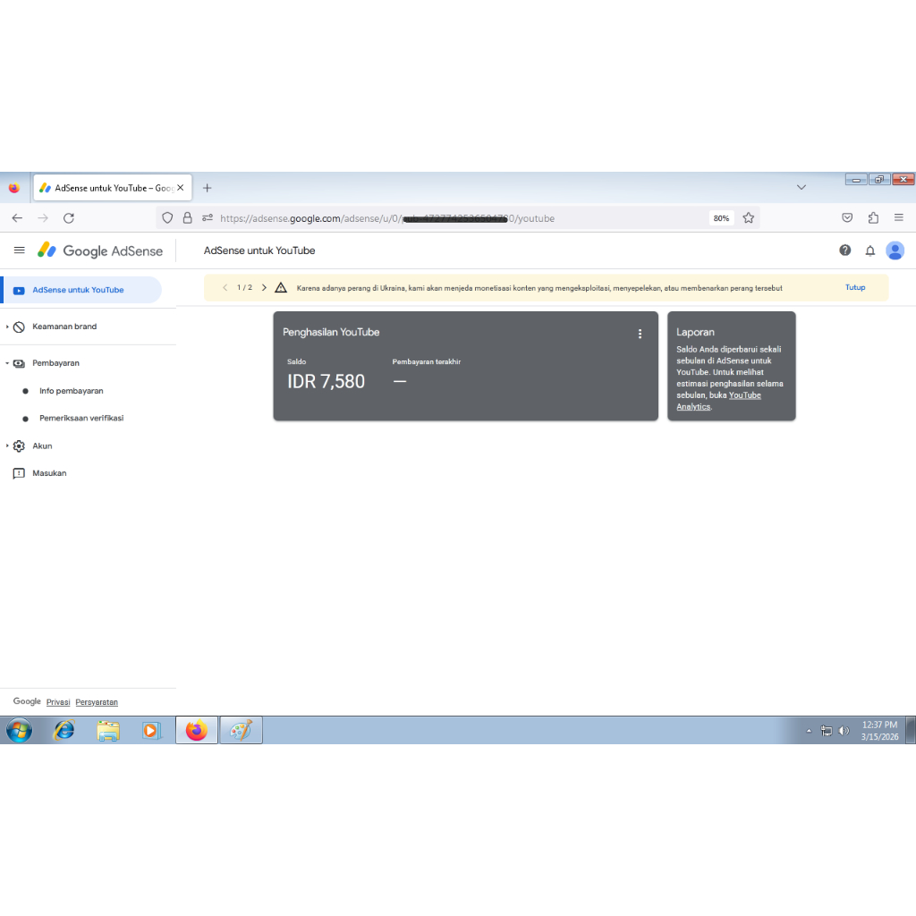 Akun adsense sudah PIN UPDATE