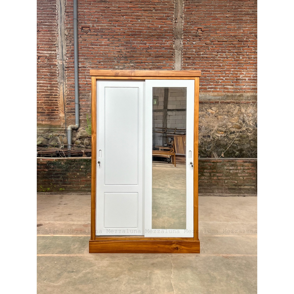 LEMARI KAYU JATI DUA PINTU SLEDING / LEMARI MINIMALIS KAYU JATI