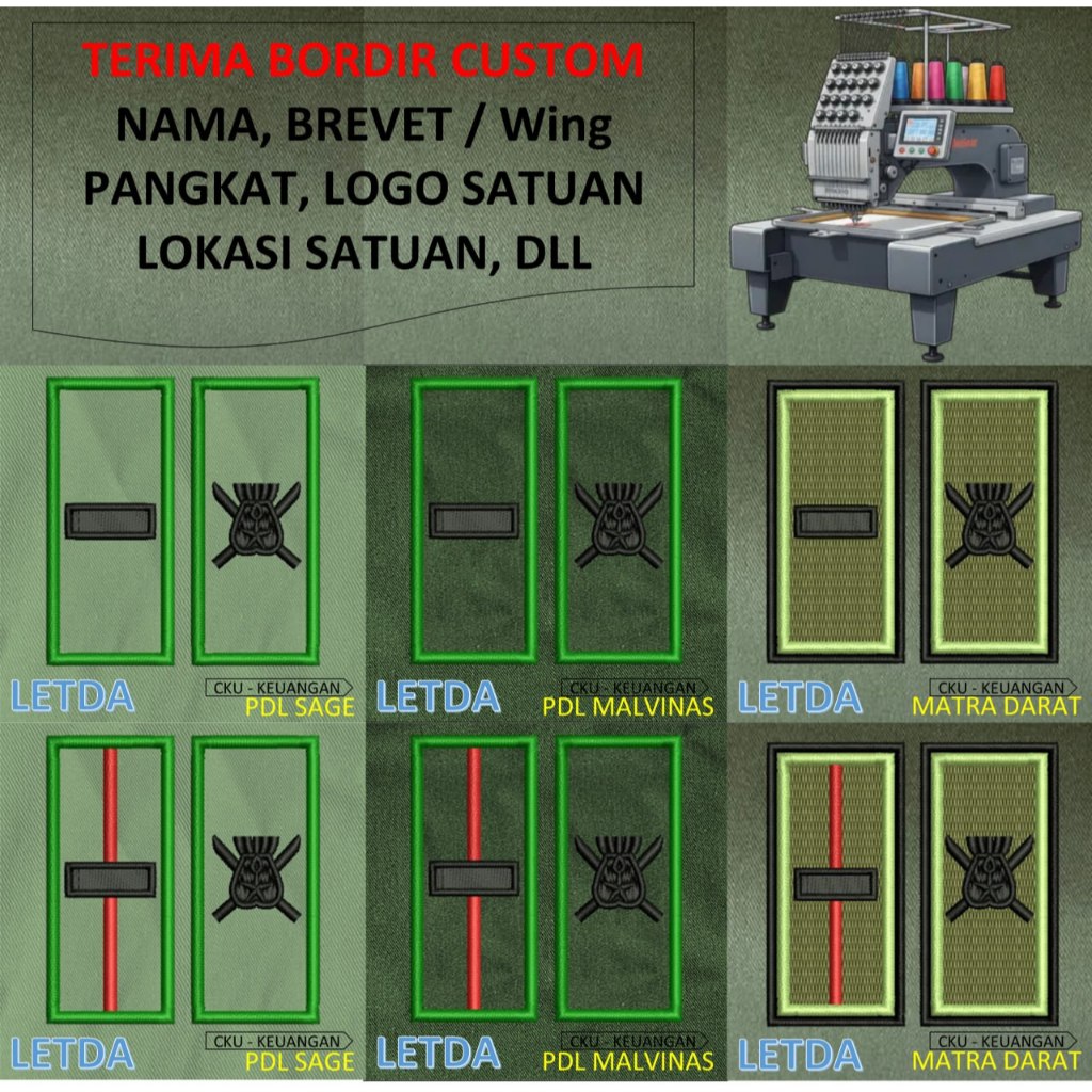 PATCH BORDIR brevet TNI TANDA PANGKAT PERWIRA PDH PDL TNI AD MALVINAS SAGE MATRA DARAT KOSTRAD EMBRO