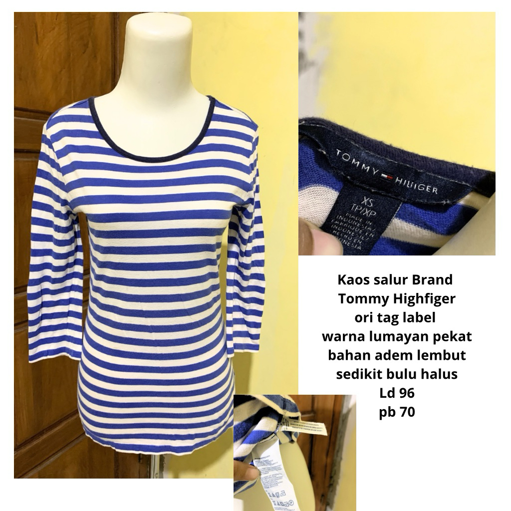 Kaos wanita Brand Tommy Hilfiger Ori tag label Salur biru