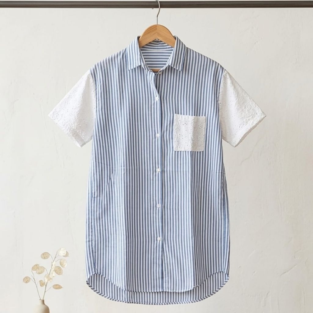 Midi Dress Model Kemeja Motif Garis Biru Putih