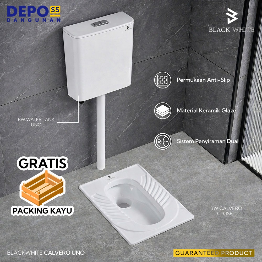Blackwhite Kloset Jongkok Modern Flush Full 1 Set Calvero Uno / Closet WC Toilet Jongkok Otomatis Ca