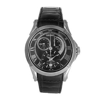 Jam Tangan Pria Seiko Kinetic SNL041-2 Chronograph Strap Leather Black Color Black Dial Original Gar