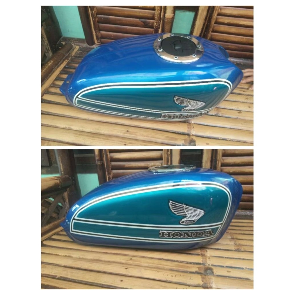 Tangki Honda CB100 Glatik dengan tutup Ninja. Motif cat CB125 warna biru Sudah termasuk tutup tangki