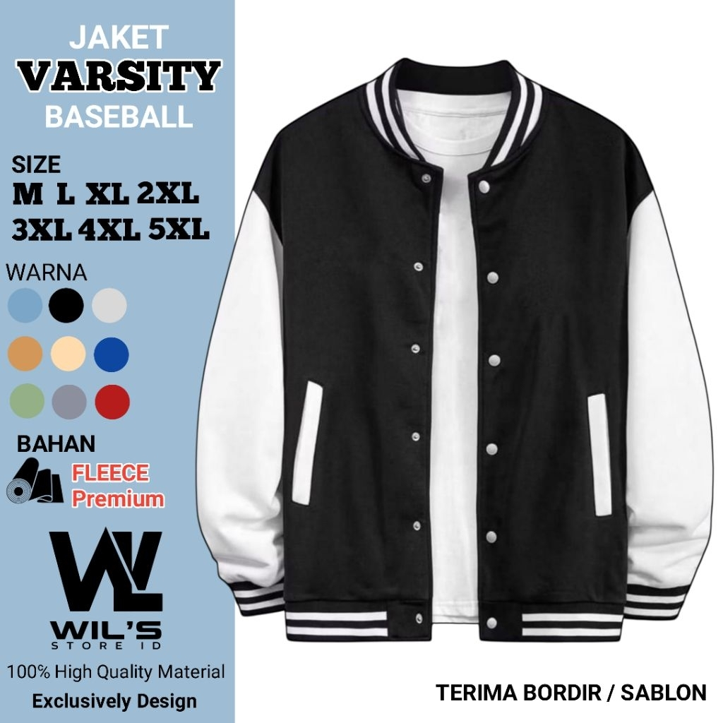 Jacket Varsity Baseball Kancing Polos Hitam Putih Pria Wanita Unisex Kekinian