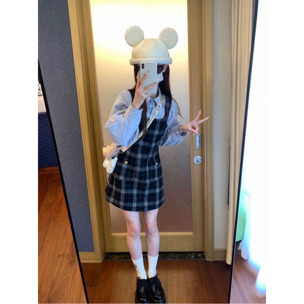 Set Dress Kotak-Kotak Korea + Kemeja Layer Wanita | Slim Fit Pinggang Ramping