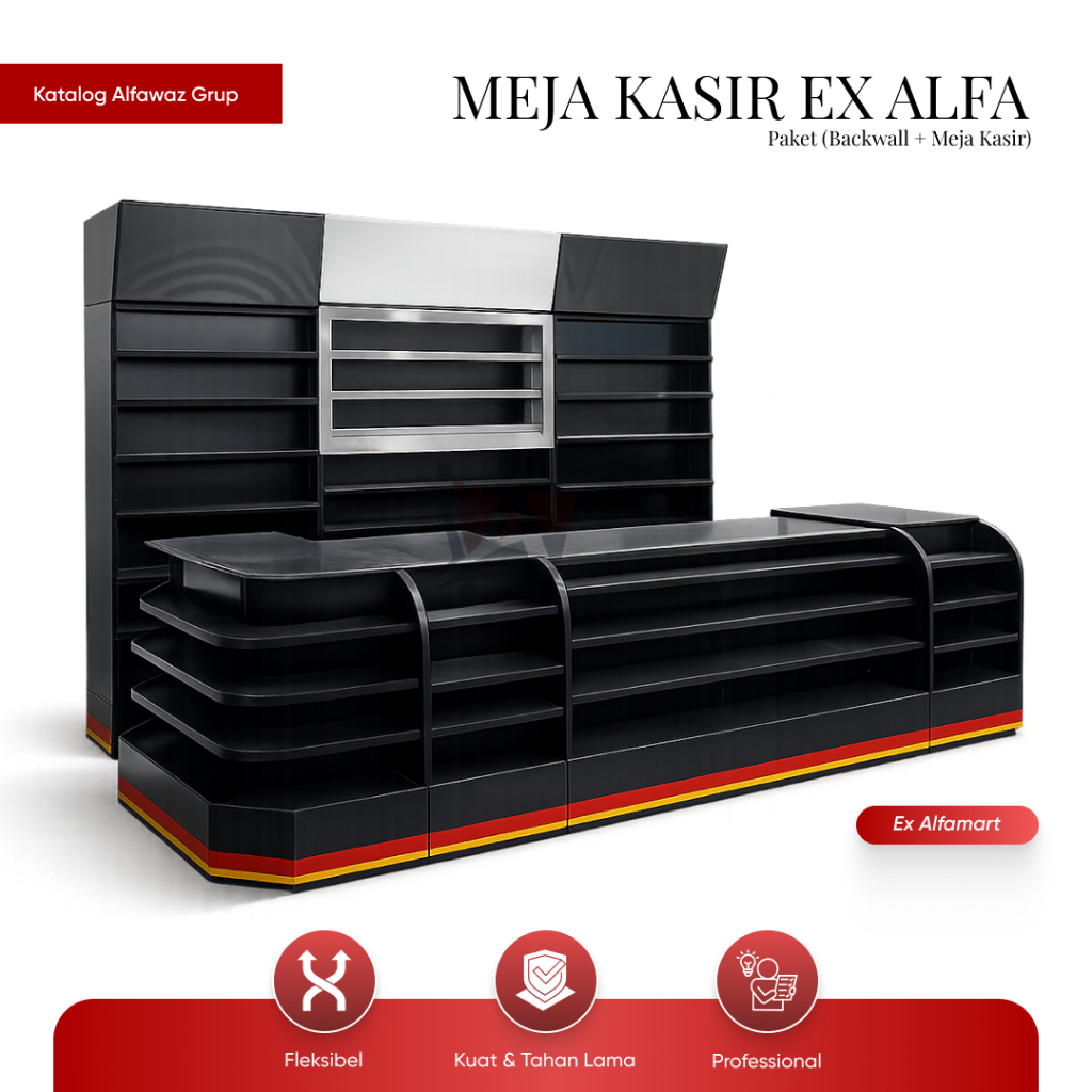 Meja Kasir + Backwall Minimarket Ex Alfamart | Paket Meja Kasir Toko + Rak Backwall | Perlengkapan M