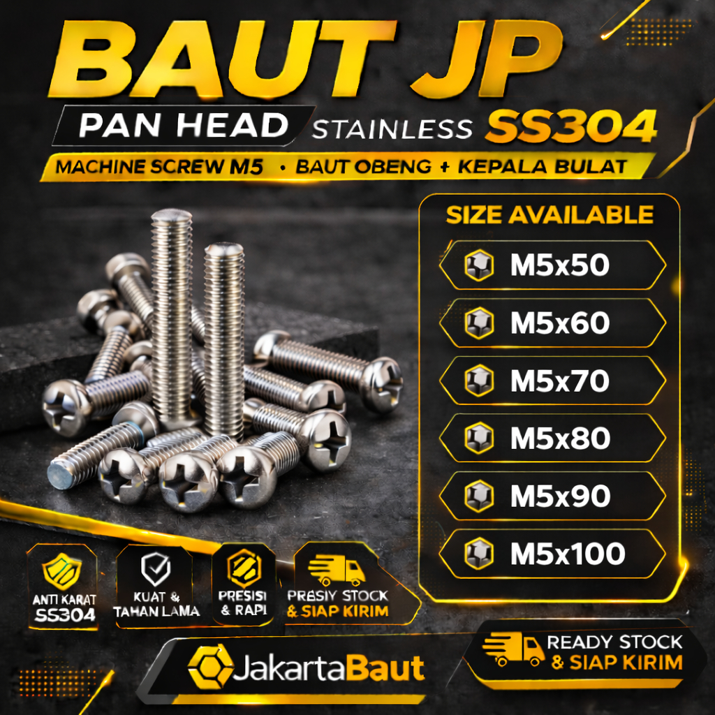 Baut JP M5X100 Machine Screw M5 X 100 Pan Head 5X100 Baut Obeng + Kepala Bulat Stainless SS304