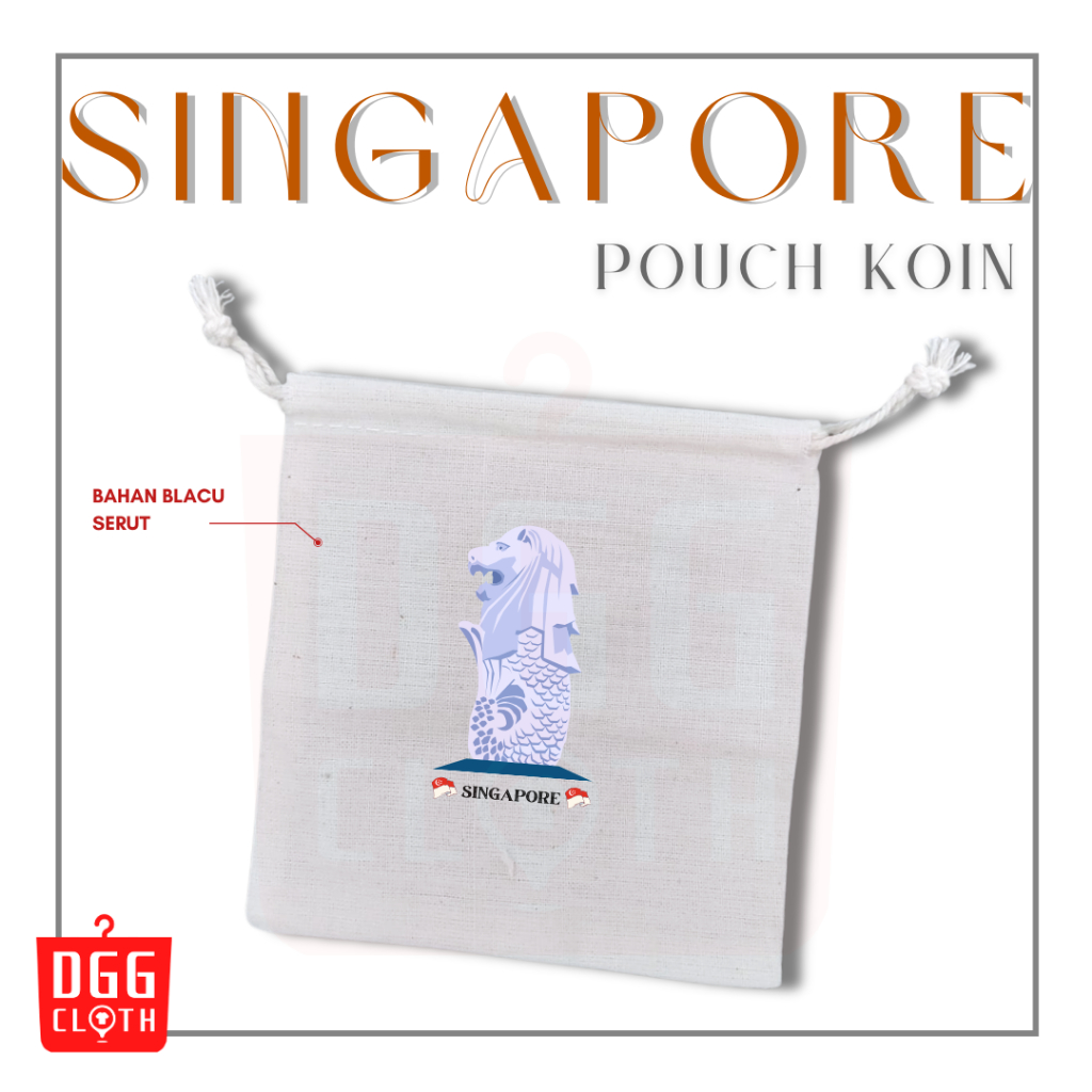 DGGCloth Pouch Koin Souvenir Singapore Dompet Koin Oleh Oleh Singapura Bahan Blacu Tali Serut Type 1