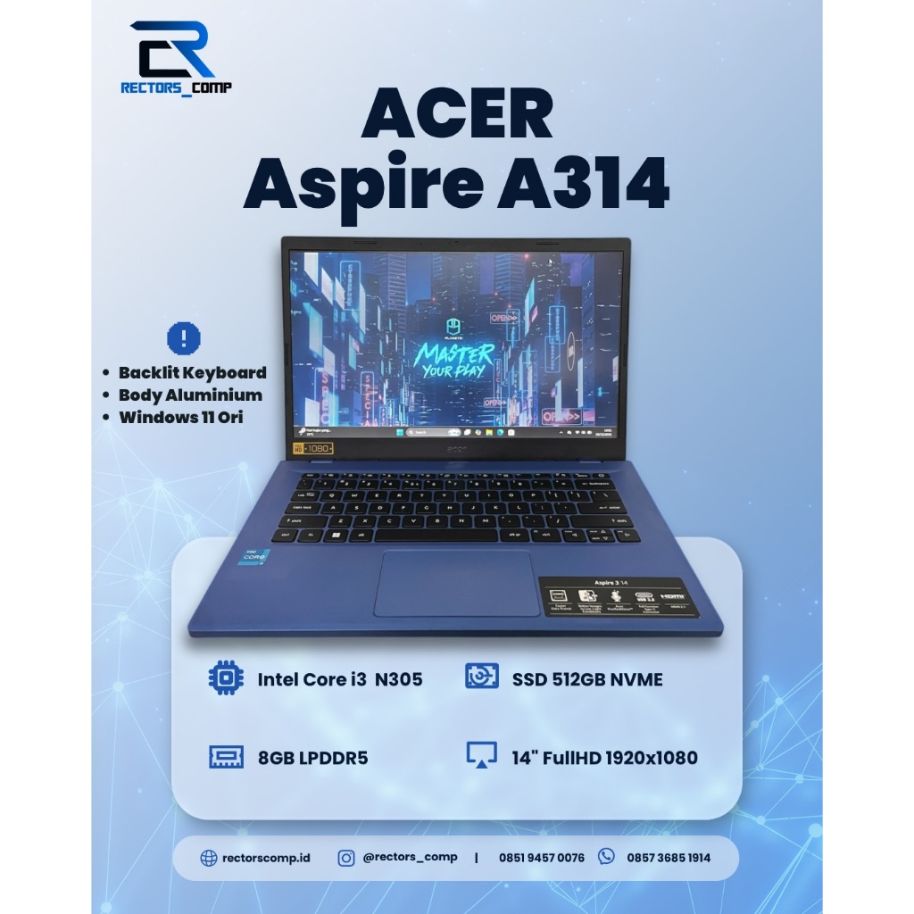 ACER Aspire A314 - Core i3 - N305 ( GEN 13 ) - RAM 8GB DDR5 - SSD 512GB NVME - FullHD