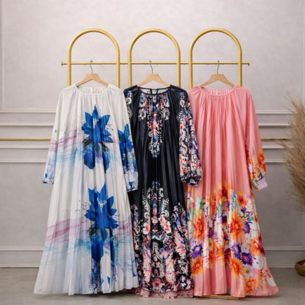 Gamis Plisket Wanita Import Premium Motif Bunga | Dress Plisket Wanita Jumbo Elegan | Gamis Plisket 