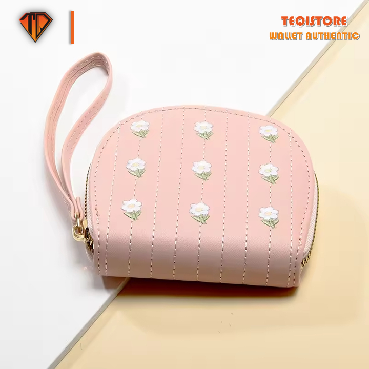 Dompet Mini Wanita Bordir Bunga Daisy – Dompet Koin Kecil Resleting dengan Tali Pergelangan Tangan