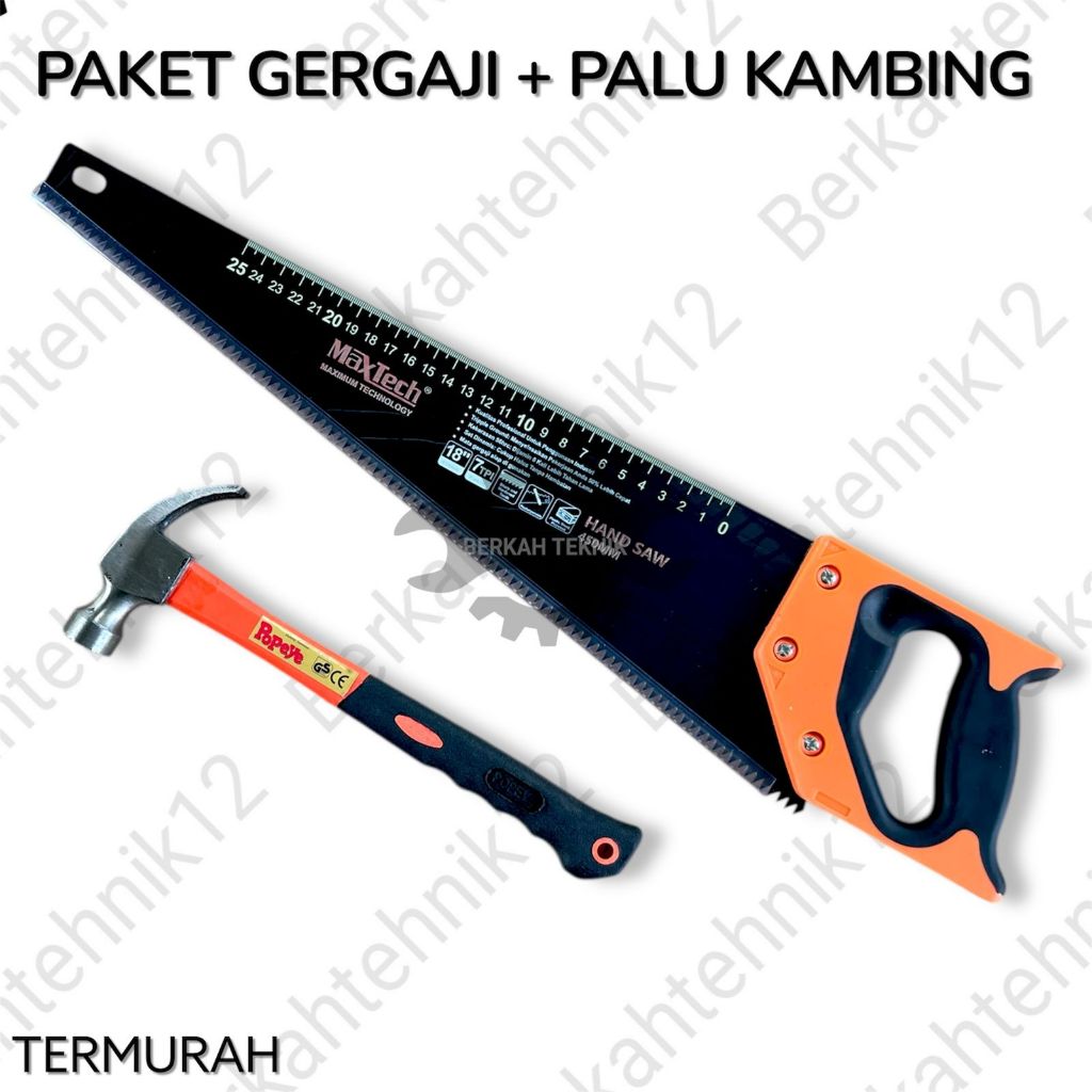 PAKET HEMAT Gergaji Kayu 18 inch Gagang Fiber Karet, Mata Gergaji Sudah Diasah Palu Besi Tanggung Pa